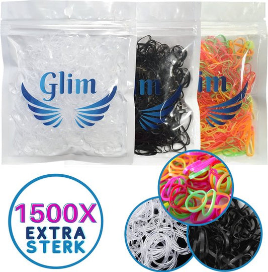 1500x mini elastiekjes - zwart + transparant + gekleurd